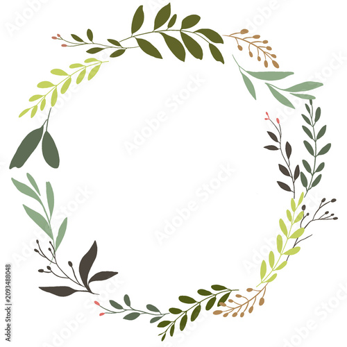 Decorative green leaf wreath illustration, botanical and natural, suitable for invitations, cards, logos, branding, and decor designs.