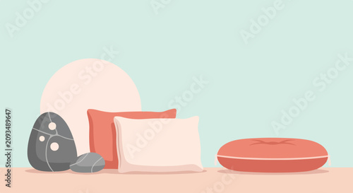Bild auf Leinwand Minimalist vector illustration featuring soft pillows, smooth grey stones, and a round floor cushion set against a serene, pale teal background