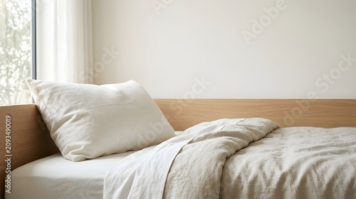 Bed with white linen bedding in minimalist bedroom with natural light from window
