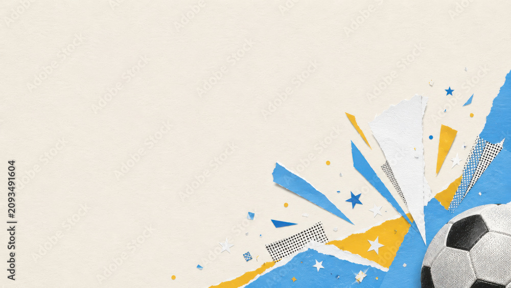 Obraz premium Argentina soccer celebration abstract background with torn paper collage elements national flag colors and football