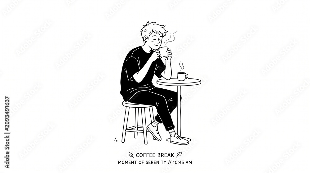 Naklejka premium Young man sitting at a small table enjoying a hot cup of coffee.
