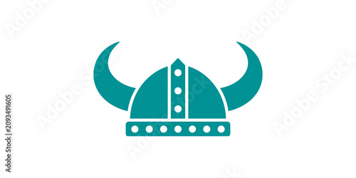 Teal blue viking helmet icon with sharp horns and metallic studs isolated on transparent background