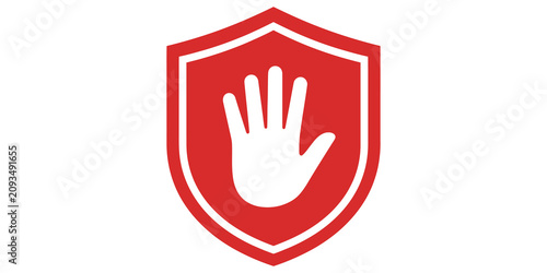 Security red shield icon with stop hand symbol for protection and safety isolated on transparent background