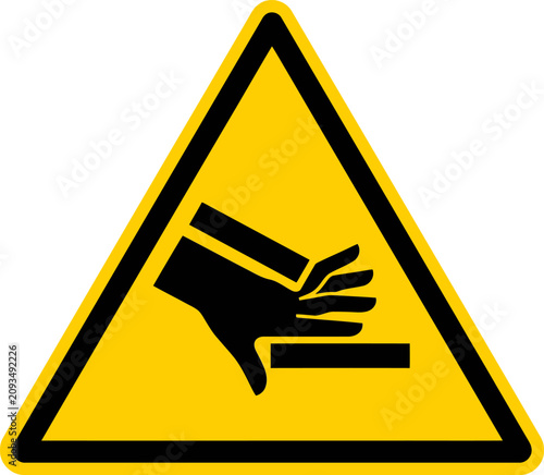 Crush hazard warning sign, industrial safety yellow triangle vector, hand injury risk alert symbol for machinery and manufacturing equipment
