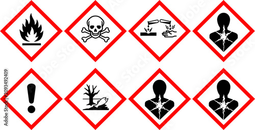 GHS hazard pictograms set of 8 vector icons, globally harmonized system chemical safety symbols, industrial warning labels for laboratory use