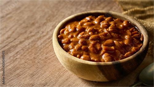 Fotografia homemade cowboy meal or pinto bean in a wooden bowl on a table