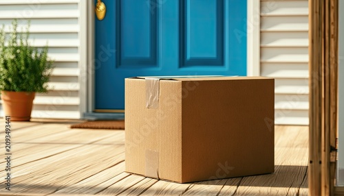 Cardboard box delivered and left on a wooden porch in front of a blue door