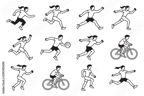 Foto Monochrome illustration set featuring men and women participating in running basketball and cycling activities isolated on transparent background grid