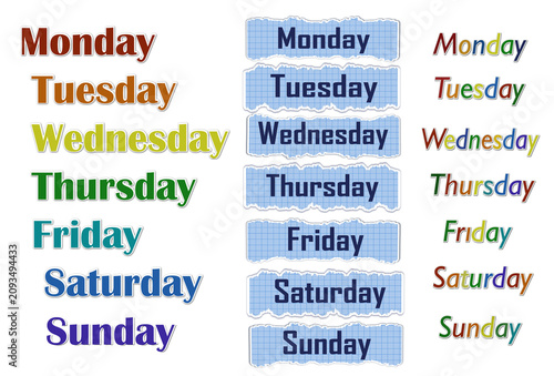 Days of the week stickers set in different styles design. School, preschool educational graphic learning materials for kids and teacher.