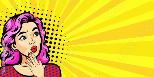 Fotografie Surprised pop art woman with pink hair on bright yellow comic background