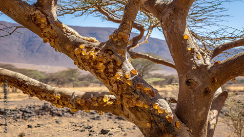 frankincense. Frankincense tree in dry African landscape with glistening resin tears. gardening catalogs, home-decor guides, designed for home decor and floral branding, used by teachers.
