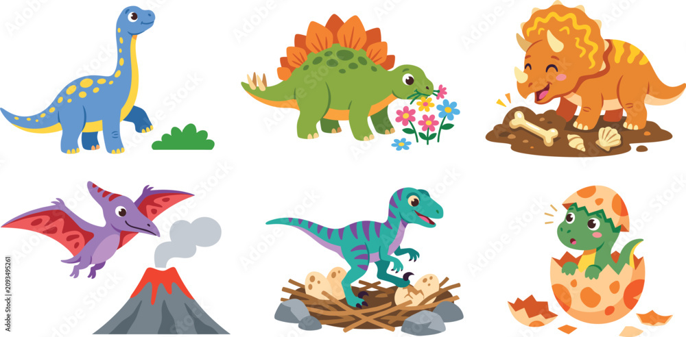 Fototapeta premium Set of cute cartoon dinosaur characters with brachiosaurus stegosaurus and triceratops for children's educational projects