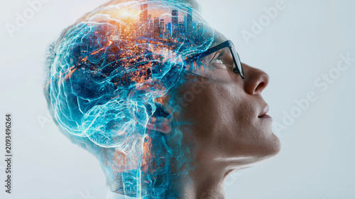 A commercial double exposure portrait of a man with glasses in side profile