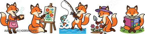 Foto Cute Cartoon Fox Character Set Featuring Hobbies of Cooking Painting Flowers Fis