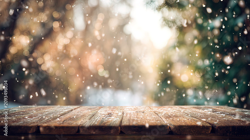 unanimity. Winter wooden surface with gentle snowfall, cold seasonal atmosphere. travel magazines, destination branding, designed for outdoor magazines and nature guides, inspires travel planning.
