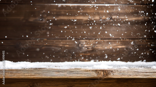 unanimity. Winter wooden surface with gentle snowfall, cold seasonal atmosphere. travel magazines, destination branding, designed for outdoor magazines and nature guides, inspires travel planning.
