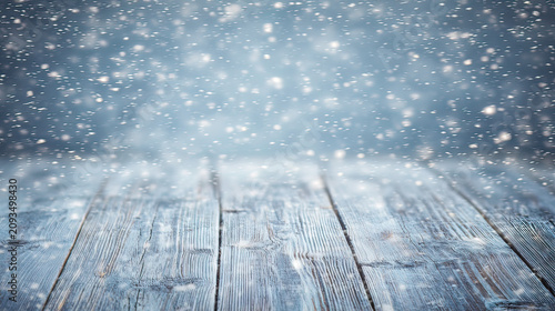 unanimity. Winter wooden surface with gentle snowfall, cold seasonal atmosphere. travel magazines, destination branding, designed for outdoor magazines and nature guides, inspires travel planning.
