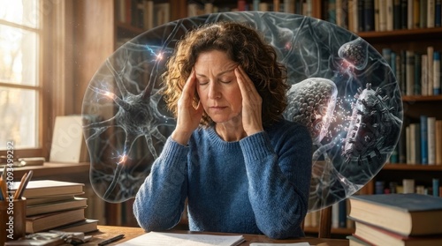 Neural process depicting complex thought, cognitive thinking, synaptic communication, hormone interaction, serotonin, dopamine, oxytocin release, signal transmission.