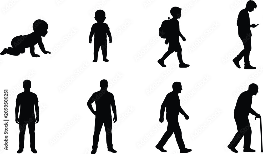 Obraz premium Human Life Stages Black Silhouette Icon Set Featuring Baby Child Teen Adult Senior and Aging Progression