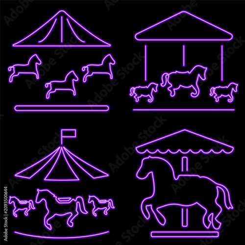 neon carousel and amusement park icons set