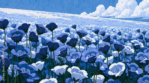 Anime-style spring landscape background illustration featuring a field of blooming nemophila flowers under a bright blue sky.