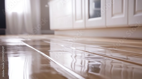 Water damage on a kitchen floor with water covering the wooden laminate parquet surface