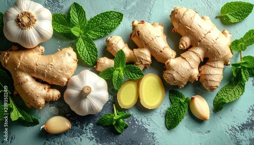 Fresh raw ginger roots, garlic bulbs, and mint leaves.