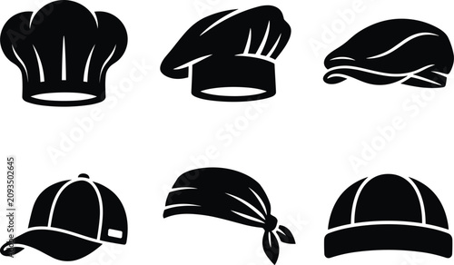 Foto Set of black hat silhouette icons including chef hat baseball cap and beanie for