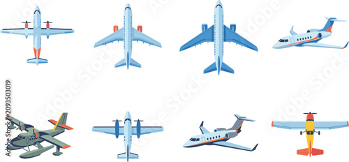 Fotografie Aircraft Vector Illustration Set Featuring Passenger Airplanes Business Jets Sea