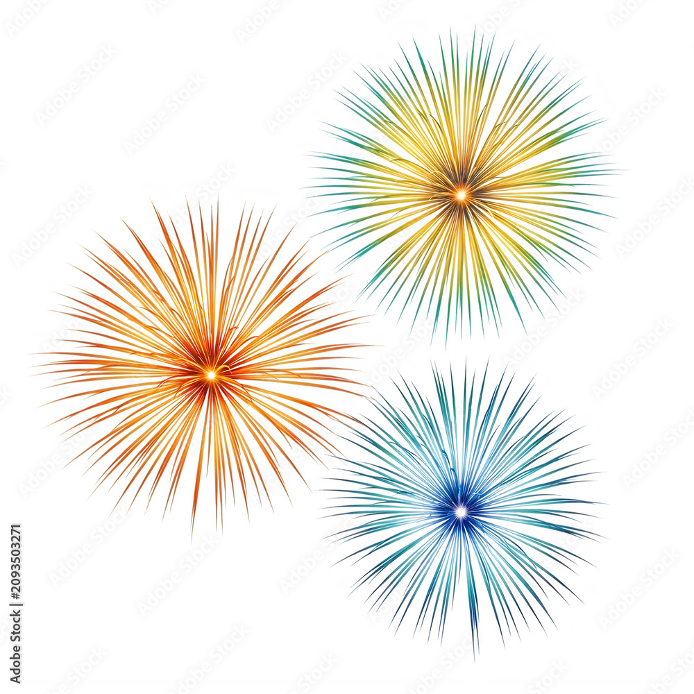 Obraz premium Colorful firework explosions with bright sparks for celebration and holiday party design isolated on transparent background