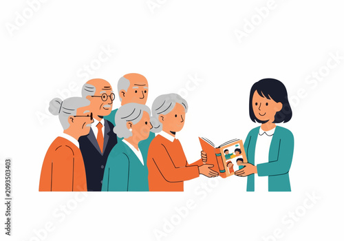 Young woman teaching literacy to a group of senior citizens