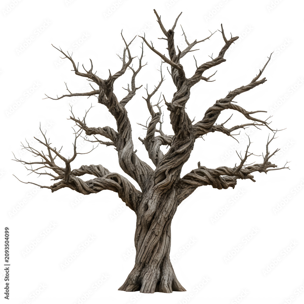 Fototapeta premium A single old twisted tree with bare brown branches in winter isolated on transparent background