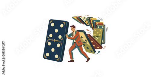 Businessman Stopping Domino Effect Vector Illustration