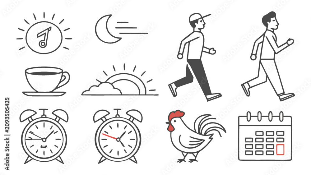 Fototapeta premium Morning routine vector icon set with sunrise alarm clock rooster coffee jogging and calendar symbols