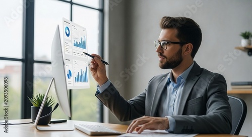 Professional executive analyzing business data charts on a futuristic digital screen in a modern office environment