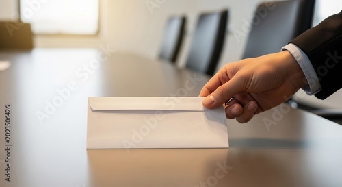 Professional hand places a white envelope on a meeting table in a bright office setting, symbolizing business communication and correspondence.