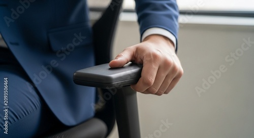 Professional hand resting on office chair armrest, detailed close-up of business attire and furniture