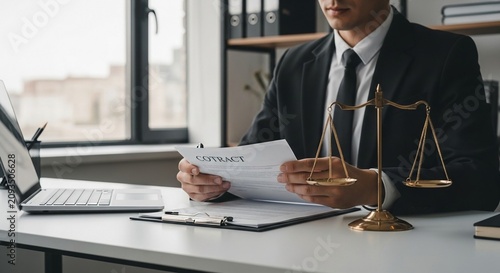 Professional legal advisor reviewing a contract with scales of justice on a desk in an office setting