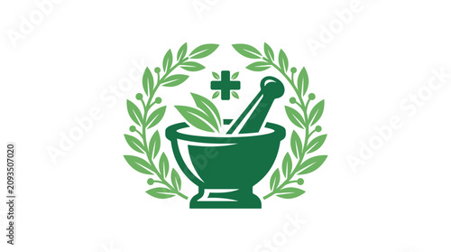 Herbal medicine logo with mortar and leaves.