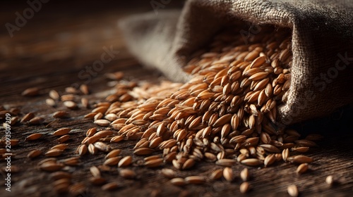 Macro view of barley grains spilling from a burlap sack onto a rustic wooden surface
