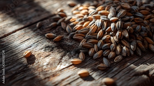 Macro view of barley grains scattered on a rustic wooden surface with dramatic lighting