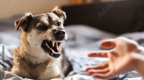 Angry dog showing teeth and barking at a human hand on a bed