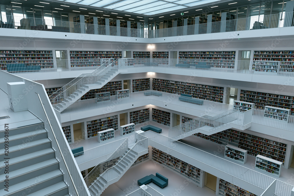 Fototapeta premium Multi-story library filled with books