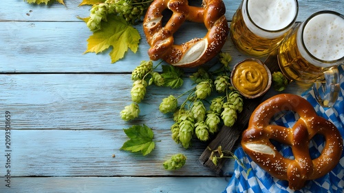 Oktoberfest flat lay with pretzels, beer, mustard, and hops on blue wood