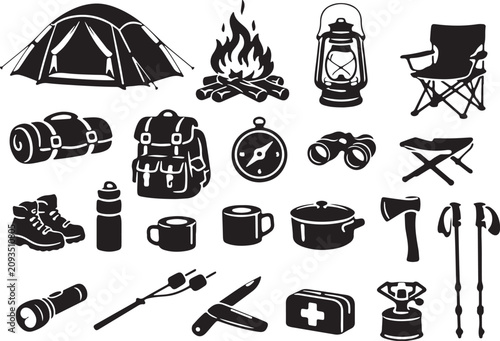Cuadro en lienzo Complete camping equipment collection including modern dome tent, traditional ca