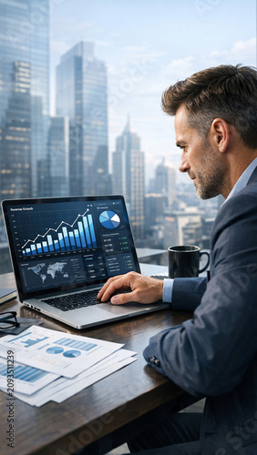 Man in suit looking at stock market charts, working on computer with cityscape background.