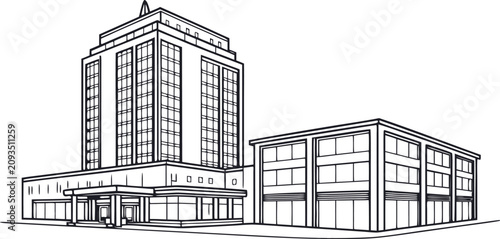 Photos Outline vector illustration of modern city buildings with tall skyscraper and ad
