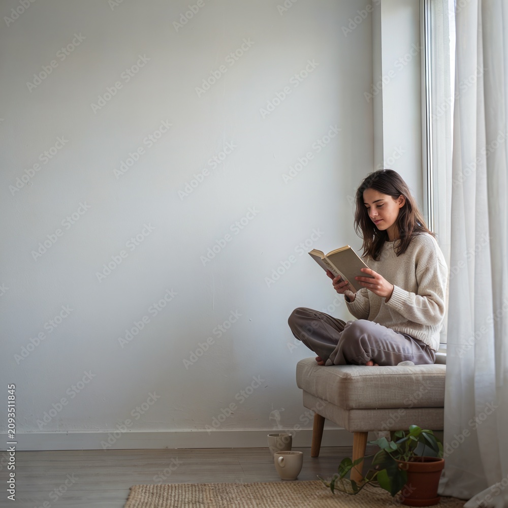 Obraz premium Young woman reading a book cross-legged on a bench in a bright minimalist room