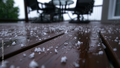 A close-up of hailstones scattered across a wet wooden deck