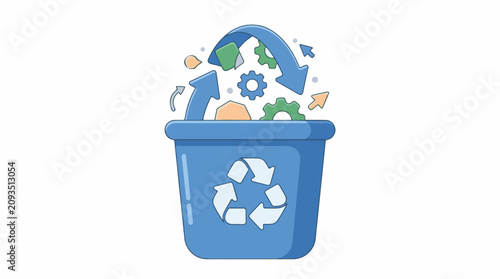 Blue recycling bin with gears arrows and fragments symbolizing resourcefulness